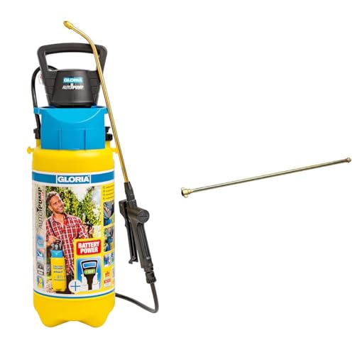 Gloria Drucksprüher AutoPump Set Gartenspritze 5 L Füllinhalt Sprühgerät mit Batterie- Akku-Betrieb Messing-Verlangerungsrohr 50 cm Typ 000124.0000