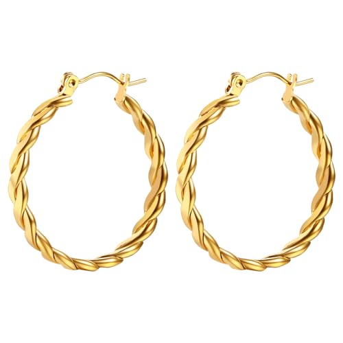 JewelryWe Gold Creolen Ohrringe Damen 28mm Edelstahl Twisted Gedreht Chunky Golden Ohrringe Große Dick Huggie Creolen Tropfen Ohrringe Ohrhänger für Frauen Mädchen