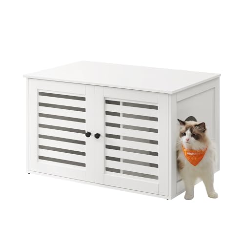 Feandrea Katzenklo-Schrank Katzenhaus mit herausnehmbarer Trennwand 2 Lamellentüren Katzentoilette Beistelltisch 80 x 53 x 49 cm wolkenweiß PCL003W01