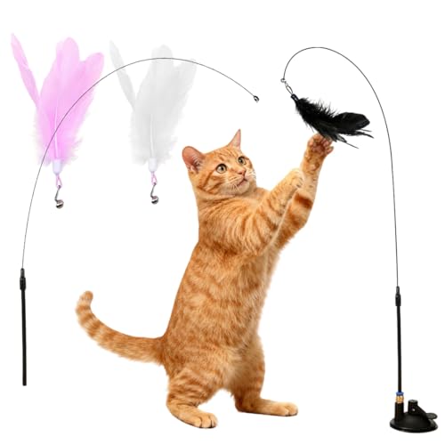LACHT 4 Stück Katzenangel Stabil - Verbesserte Version - Abnehmbare Hand-2-In-1-Katzenangel - Katzenspielzeug Angel Mit Federn Saugnapf - Selbstbeschäftigung - Langlebige Katzenspielzeug