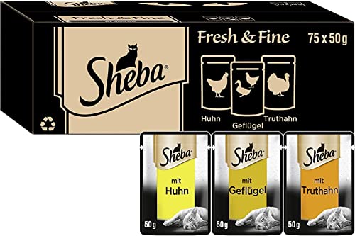 Sheba Fresh Fine in Sauce - Hochwertiges Katzen Nassfutter - Portionsbeutel Multipack mit Huhn Geflügel und Truthahn 75 x 50g