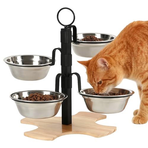 Katzennapf Hundenapf Erhöht mit 4 Edelstahl Näpfen Futterstation Katze 3-Stufige Einstellung Futterstation Hund mit Ständer für Katzen und Kleine Hunde 37 x 31.5 cm