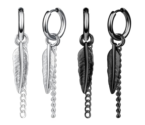 Yumilok 2 Paar Feder Punk Creolen Herren Edelstahl Blatt Huggie Ohrstecker Set Scharnier Unisex Piercing Schmuck Feder Anhänger Ohrringe Lange Kette Baumeln Ohrringe