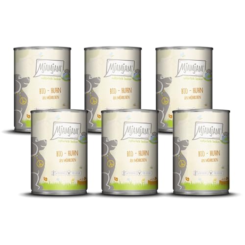 MjAMjAM Premium Nassfutter für Hunde - natürlich lecker Bio Huhn an Möhrchen 6er Pack 6 x 400g getreidefrei mit extra viel Fleisch