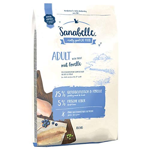 Sanabelle Trockenfutter für ausgewachsene Katzen glutenfrei mit Forelle 10 kg für Zimmerkatzen ab 1 Jahr reich an Omega-3 und 6 und Inulin