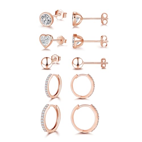 Ecripe 5 Paar 925 Sterling Silber Ohrringe Set für Frauen 3 Paar 14K Gold Mini Ohrstecker 2 Paar Creolen mit Cubic Zirkonia Hypoallergene Klein Knorpel Ohrringe für Mädchen Rosegold