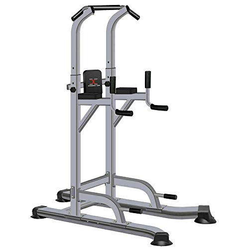 Maxstrength multifunktionaler Heimtrainer vertikaler Krafttrainer für Dips Kniehebenüge Liegestützen Fitness silberfarben