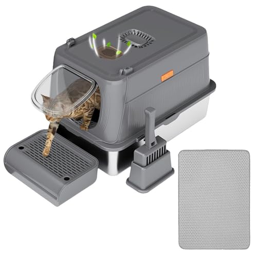 Youyijia Katzentoilette aus Edelstahl mit Deckel extra große geschlossene Katzentoilette aus Metall leicht zu reinigen Doppeltür geruchsneutral mit Streuschaufel und Katzenstreumatte Dunkelgrau