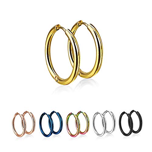 Treuheld Runde Creolen Ohrringe aus medizinischem Edelstahl 12mm Gold Schmale Klappcreolen für Damen und Herren Set Paar