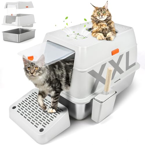 Kalolary XXL Edelstahl Katzenklo mit Deckel Geschlossene Herausnehmbare Katzentoilette Große Katzen WC mit Hoher Abnehmbarer Rand Auslaufsicher Leicht zu Reinigen Grau -Einstieg Oben