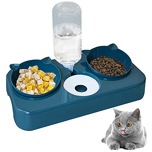 doepeBAE Doppelnapf Katzen 3 in 1 Automoatsierte Futernapt Wasersepender für Katze Neigbar Katzenpfe Abnehmbar für Kleione und Miteltgro Hunde und Katzen Blau