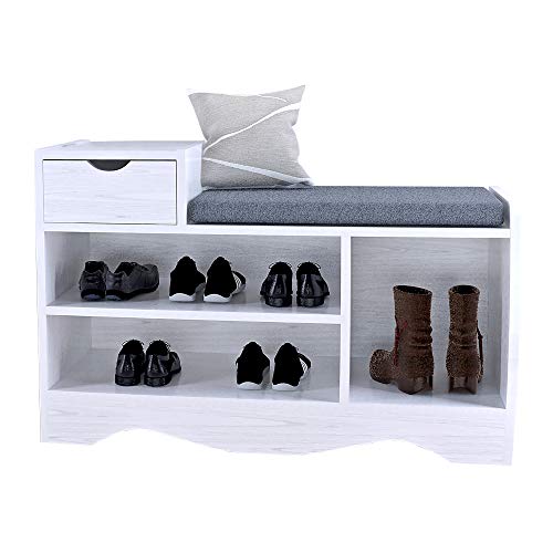 Schuhbank mit Sitzkissen Schuhregal mit Schublade Sitzbank Flur Schuhablage Schuhkommode Lowboard Garderobe Möbel Rack Kissen Polster Flurschrank-Organizer für Eingangsflur und Wohnzimmer Weiß