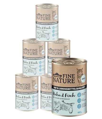 Dehner Fine Nature Katzenfutter Nassfutter getreidefrei für ausgewachsene Katzen Huhn Fisch 6 x 400 g Dose 2.4 kg