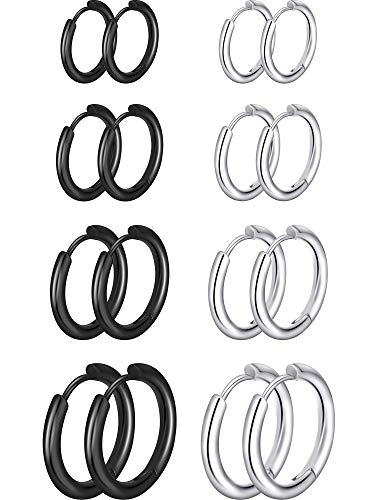 8 Paare Knorpel Creolen Ohrringe Edelstahl Kleine Creolen Nasen Lippen Ringe für Damen 8 mm 10 mm 12 mm 14 mm Stahl Farbe Schwarz