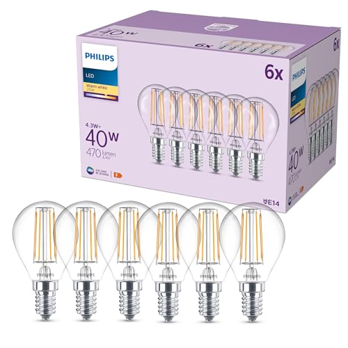 Philips classic P45 LED Lampe 40 Watt klar E14 Sockel 2700 K warmweißes Licht 6er Pack