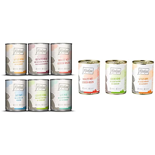 MjAMjAM - Premium Nassfutter für Katzen - Mixpaket III - Wild Kaninchen Pute Ente Geflügel Herzen Huhn 6er Pack Premium Nassfutter für Katzen - Mixpaket I - Huhn Rind Herzen 6er Pack