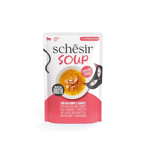 Schesir Suppe mit Lachs- und Karottenfilets ergänzendes Nassfutter für Katzen Originalrezept 100% natürlich 12 Beutel 40 g
