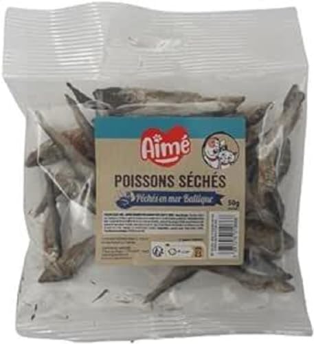 Aim Packung mit getrockneten Fischen von Sprat Katzen- und Hundefutter Leckerli für Hunde und Katzen mit hohem Proteingehalt natürliches Futter Fischerei in der Ostsee 50 g europäische