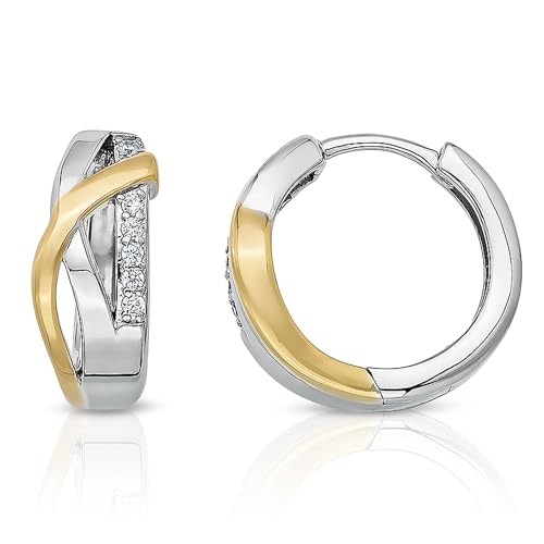 CASSINI Bicolor Ohrringe Silber 925 Silber-Goldene Creolen Klein mit Zirkonia aus 925 Sterling Silber Rhodiniert mit Scharnier Ohrringe Allergiefrei ca. 15mm Nickelfreier - 3CAW