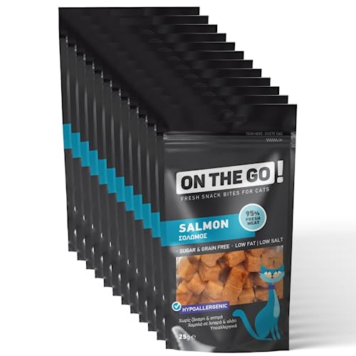 ON The GO Salmon Bites 25gr - Köstliche Leckerli für Katzen fettarm und gesund - Packung mit 12 12x25g 300g - Zuckerfrei - Reich an Protein - Ideal als Belohnung