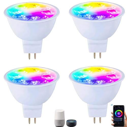 Wixann MR16 GU5.3 LED Smart RGB Glühbirne 5W 12V 3000K weiches Warmweiß GU5.3 Bi-Pin-Sockel 40 Grad Spotbeleuchtung für Landschaftsschienenlampen im Innen und Außenbereich 4Pack