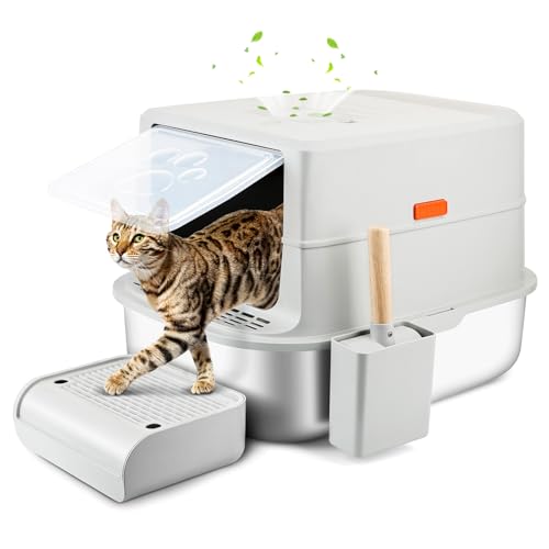 Bartuke Edelstahl Katzenklo XXL mit Deckel Geschlossenes Katzentoilette Große mit Abnehmbaren Spritzschutz und Deckel Pedal Auslaufsicher und Leicht zu Reinigen Edelstahl Katzentoilette Hell Grau