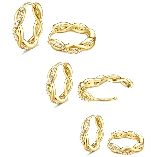 JeweBella 3 Paar Creolen Silber 925 klein 18K Hypoallergene Vergoldet Ohrringe Set Gold Creolen für Damen 5A Zirkonia Gedrehte Goldene Ohrringe Damen 8 10 12mm