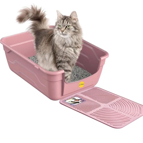 Cat Centre Katzenklo Offen Mit Hohem Rand Katzentoilette Ohne Deckel Mit Creme Katzenstreu Matte Rosa L 50 x 38 5 cm
