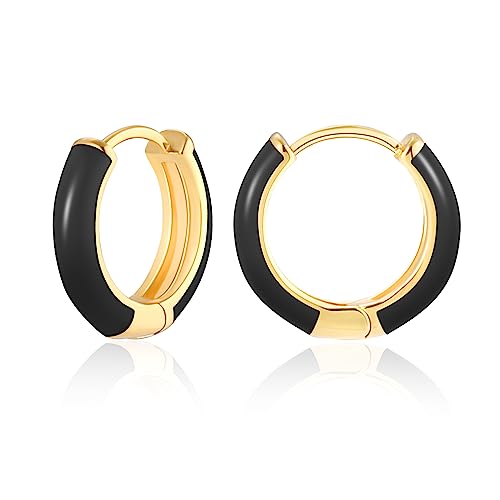 MESOVOR Kleine Goldene Creolen Ohrringe für Damen 18 Karat Vergoldete Leichte Huggie-Ohrringe Hypoallergene Ohrringe aus Emaille Geschenke für Mädchen Schwarz