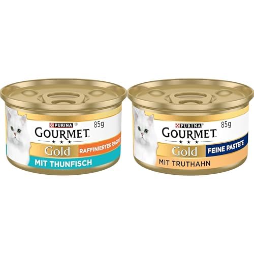 PURINA GOURMET Gold Raffiniertes Ragout Katzenfutter nass mit Thunfisch 12er Pack 12 x 85g Gold Feine Pastete Katzenfutter nass mit Truthahn 12er Pack 12 x 85g