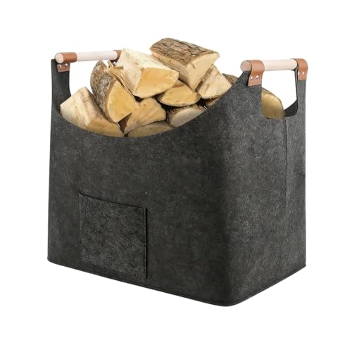 Lyivisk Kaminholzkorb aus Filz mit Tasche Großer Holzkorb für Kaminholz und Aufbewahrung im Innenbereich Faltbarer Lieblingskorb für Holz Zeitungen und Spielzeug dunkelgrau