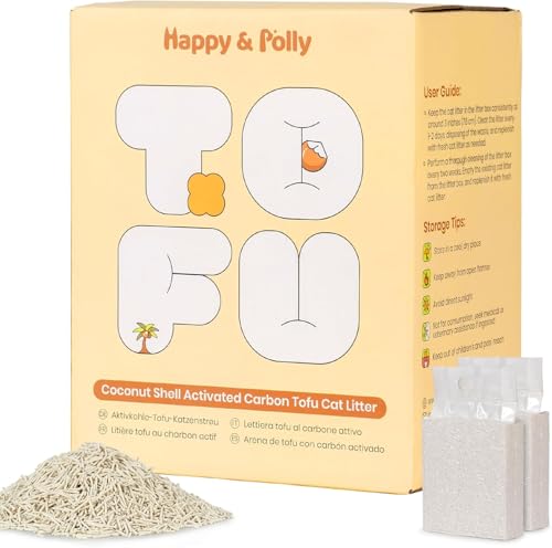 Happy Polly Tofu Katzenstreu 5 kg mit Kokosnusskohle staubfrei hoch saugfähig Starke Geruchskontrolle schnell klumpend spülbar