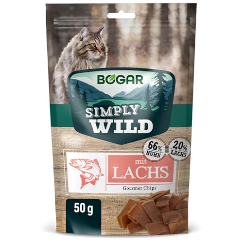 Bogar Simply Wild Katzenleckerlis Ergänzung zur Katzenfutter Knusprige Leckereien für Katzen mit Lachs Für Genuss Katzenpflege In Form von Zarten Fleischstreifen 50 g