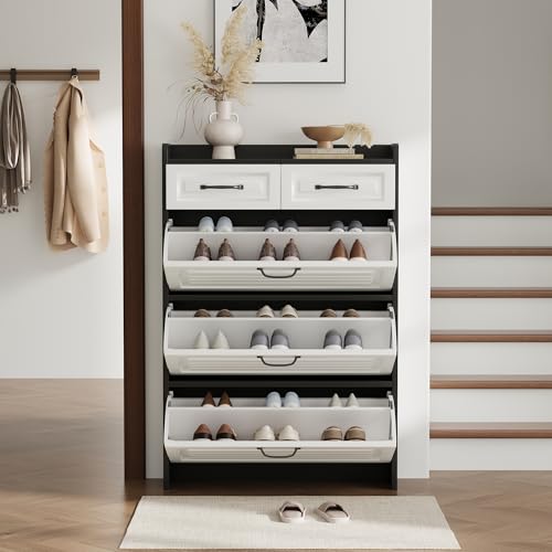 Schuhkommode mit drehbarem Schuhschrank bestehend aus drei großen Klappen und zwei Schubladen Holzschuhschrank Schuhregal Geeignet für Eingangsbereiche und Wohnzimmer - Maße B80 T23.5 H131 cm