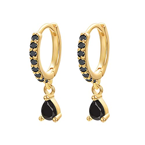 Vissen Ohrringe Damen Klein Creolen mit Anhänger Wasser Tropfen Schwarz Zirkon Vergoldete Strass Ohrringe Hängend Mädchen Modeschmuck