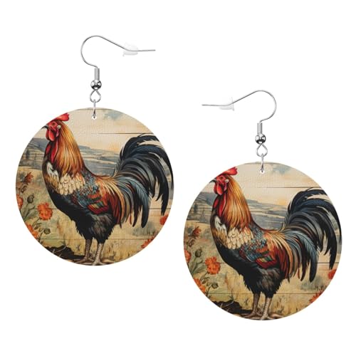 Hahn auf Holz in Farmland Druck Leder Ohrringe für Frauen - baumeln Creolen perfekt für Kostümpartys Mädchen Accessoires Einheitsgröße Leder