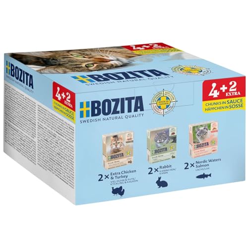 Bozita Probierpaket Sauce viel Huhn Pute Kaninchen Lachs   4 2 6x370g Getreide  zuckerfreies Premium Katzenfutter ohne Gentechnik 7 5% Protein und 5% Fettgehalt