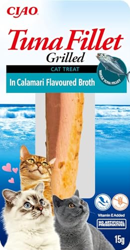 INABA Churu Filet - Katzensnacks zum Füttern aus der Hand Katzenleckerlis in handlichen Portionen Thunfischfilet in Brühe mit Tintenfisch 15g 1 Pack Packung mit 6