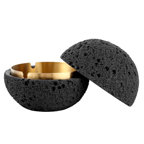 SHUESS Aschenbecher mit Deckel aus Beton 12 5 cm Windaschenbecher für Draußen und Balkon Aschenbecher Outdoor Schwarz Stilvoller Tischaschenbecher mit Edelstahleinsatz Geruchsdicht Wetterfest