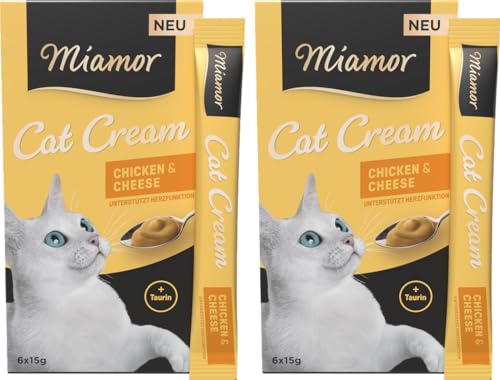 Miamor Cat Snack Cream Chicken Cheese 2er Pack 6x15g 1 Gratis-Sachet Eine gesunde Belohnung ohne unnötige Zusatzstoffe leckerer Schleck-Snack