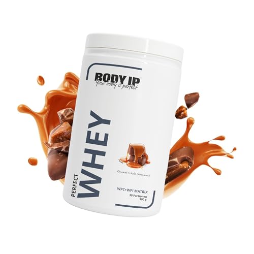 BODY IP Perfect Whey Protein Pulver Karamell Schoko Eiweißpulver für Protein Shake Muskelaufbau hoher BCAA Anteil 30 Portionen Whey Isolat Konzentrat hoher Eiweißgehalt 900g