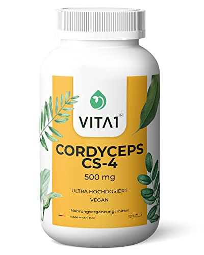Cordyceps-Kapseln von Vita1 die eine hochwertige vegane CS-4 Extraktformel enthalten. Jede Flasche enthält 120 Kapseln was einem 2-monatigen Vorrat entspricht.