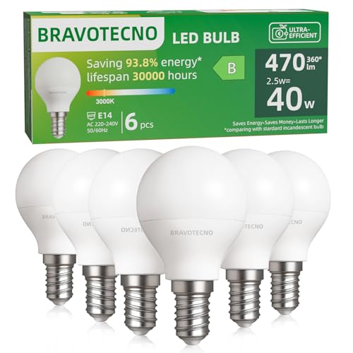 bravotecno E14 LEDühbirne Energieklasse B E14 LED Warmweiss 3000K 2.5W 470LM G45 P45 Warmweiß Leuchtmittel Entspricht 40W 360 Abstrahlwinkel Nicht Dimmbar Wärmearm Langlebig 6 Stück