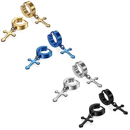 JewelryWe Schmuck 4 Paar Herren Damen Ohrringe Creolen Edelstahl Kreuz Huggie Klappcreolen Ohrstecker Ohrhänger Silber Gold Schwarz Blau