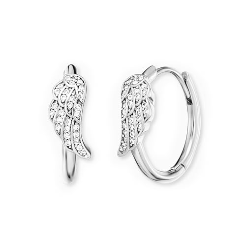 Engelsrufer Damen Creolen mit Engelsflügel aus Sterling Silber in silber- besetzt mit 56 weißen Zirkonia Steinen - Clipverschluss - nickelfrei