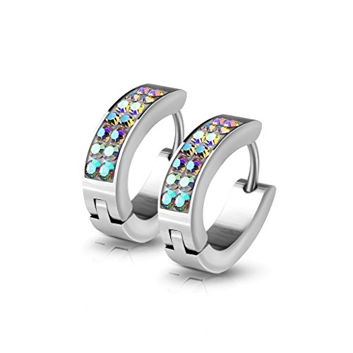 BlackAmazement 2er Set Paar 316L Edelstahl Klapp Creolen Zirkonia CZ elegant Ohrringe Silber Rosegold Rainbow Pink Aqua Damen Regenbogen