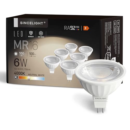 SINCELIGHT MR16 12V LED Spot Reflektorlampe 50mm mit GU5.3-Sockel 6W 500 Lumen Ersetzt 50 Watt Halogenlampen Farbwiedergabeindex RA 92 Neutralweiß 4000K 38 Ausstrahlungswinkel 6er-Pack