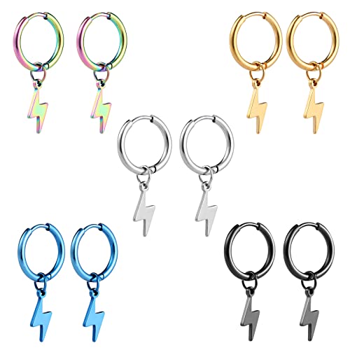 Epoch World 5 Paare Titan Edelstahl Ohrringe Creolen Männer Ohrringe Herren Schwarz Ohrringe Damen Silber Set Ohrringe Blitz Herren Ohrringe Gold Creolen Herren Damen Kleine Ohrringe Hängend Piercing