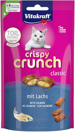 Vitakraft Crispy Crunch Classic Katzen Leckerli knuspriger Katzensnack gefüllt mit Lachs im wiederverschließbaren Beutel ohne Zusatz von Zucker 1x 60g