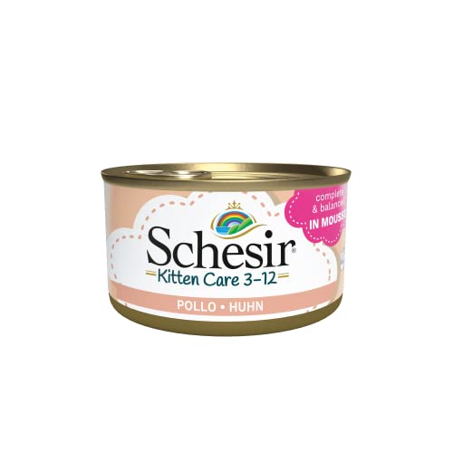 Schesir Cat Kitten Mousse Huhn - Kitten Nassfutter für Junge Katzen - Katzenfutter nass getreidefrei mit viel Protein Vitaminen Mineralstoffen 24 x 85g Dose